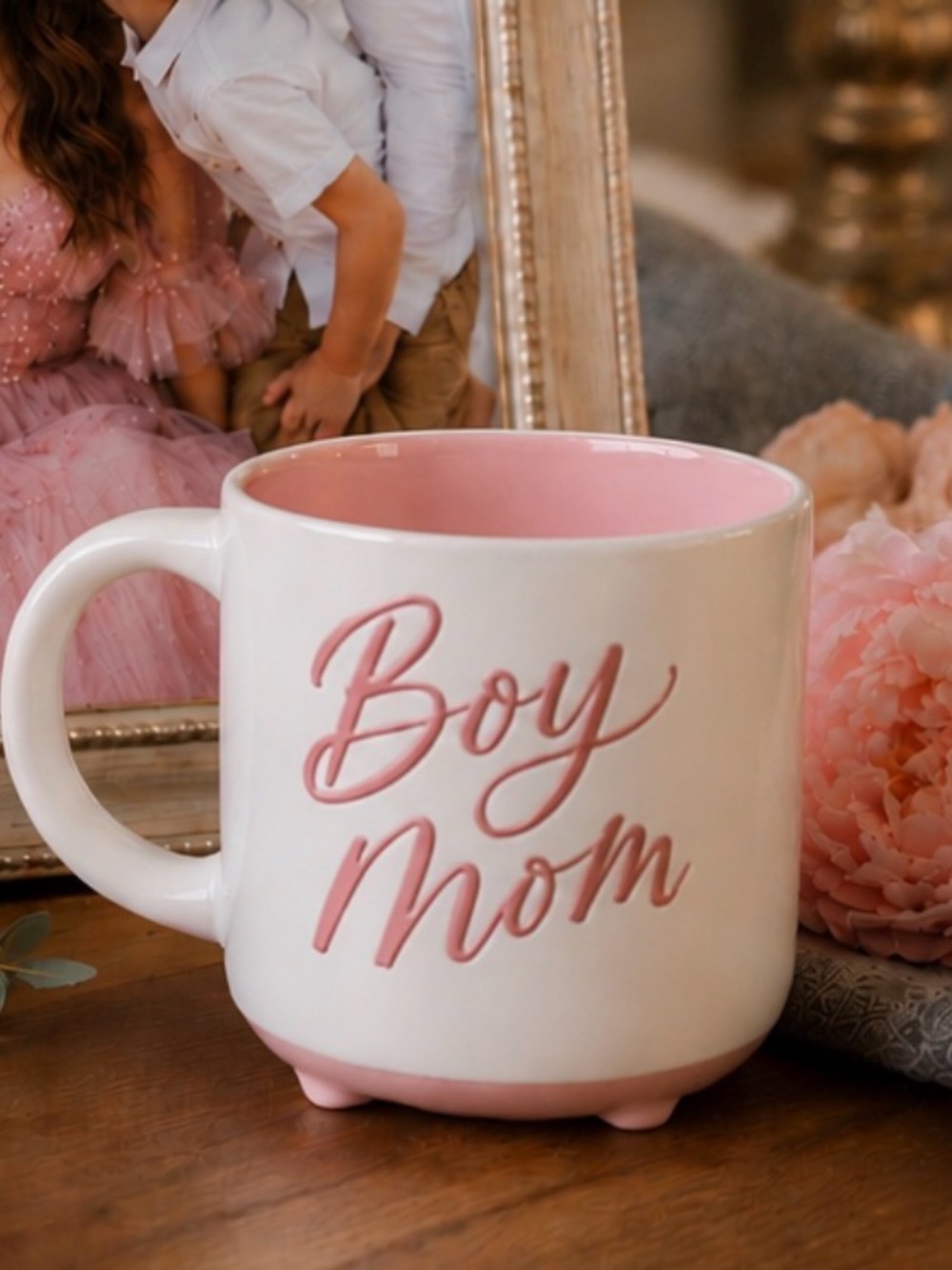 “Boy Mom” Pink and White Ceramic Mug